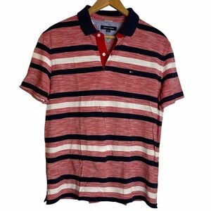 Tommy Hilfiger Polo Red White Black Stripes Cotton Golf Shirt Large L Preppy